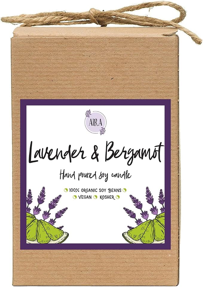 Aira Soy Candles - Organic, Kosher, Vegan, in Mason Jar w/Therapeutic Grade Essential Oil Blends - Hand-Poured 100% Soy Candle Wax - Paraffin Free, Burns 110+ Hours - Lavender & Bergamot -16 Ounces