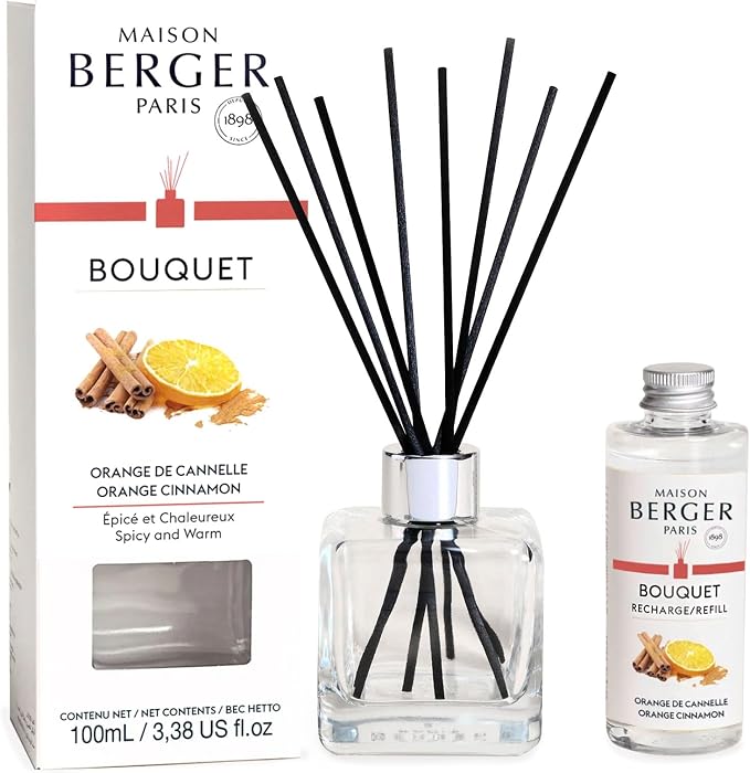 MAISON BERGER Reed Diffuser Bouquet, 100 ml, Orange Cinnamon | Clear Glass Bottle, 8 Reed Sticks, 100 ml Refill, Up to 6-Week Passive Diffusion, No Flame, Made in France