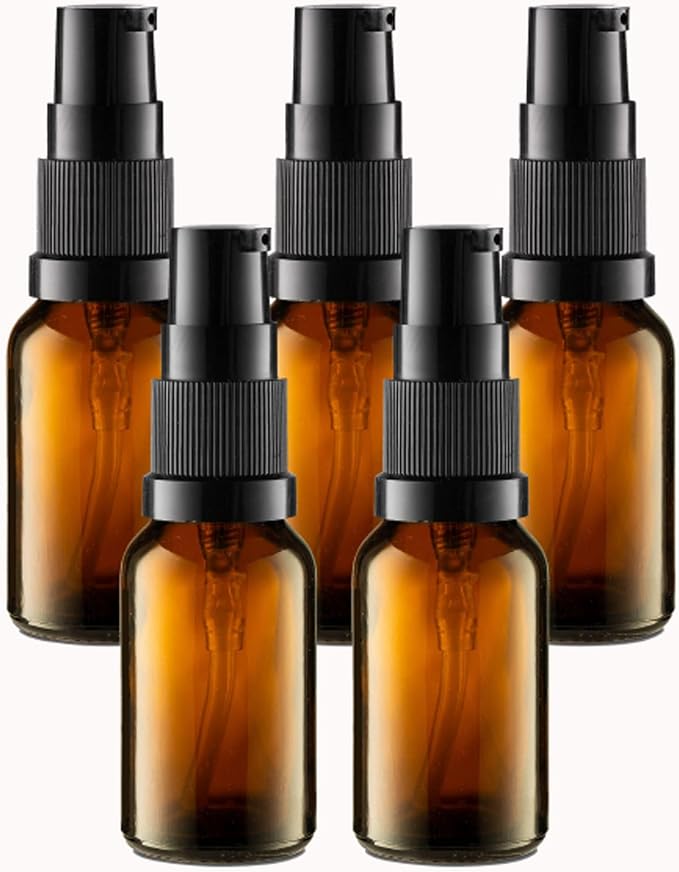 VitalUp 5 Pack Empty Refillable Glass Amber Pump Bottle Ideal for Lotion Cream Essential Oil Travel Small Container,15ml