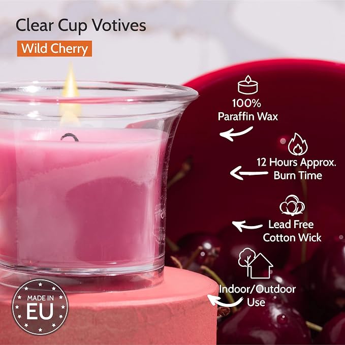 HYOOLA Clear Cup Scented Votive Candles - Wild Cherry - 12 Hour Burn Time - 4 Pack - European Made