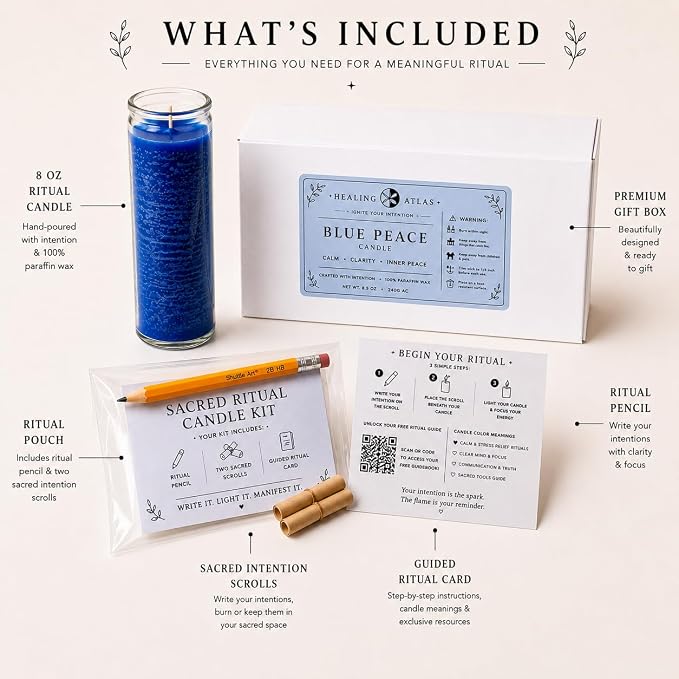 Blue Peace Manifestation Candle Kit – 8" Ritual Prayer Candle with Intention Scrolls, Pencil & QR Guide for Peace, Relaxation, Meditation & Emotional Balance