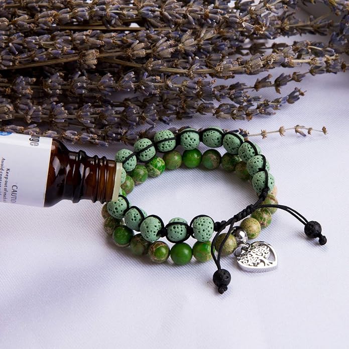 Bivei Life Tree Bracelet - Lava Stone Essential Oil Gemstone Beaded Yoga Meditation Regalite Stone Beach Charm Bracelet Set