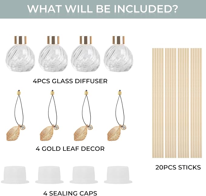 4Pcs Reed Diffuser Set with Metal Golden Decoration, 3.5oz Empty Reed Diffuser Bottles with 20Pcs Reed Diffuser Sticks, Unique Design Bottles for Home and Office(Twill)