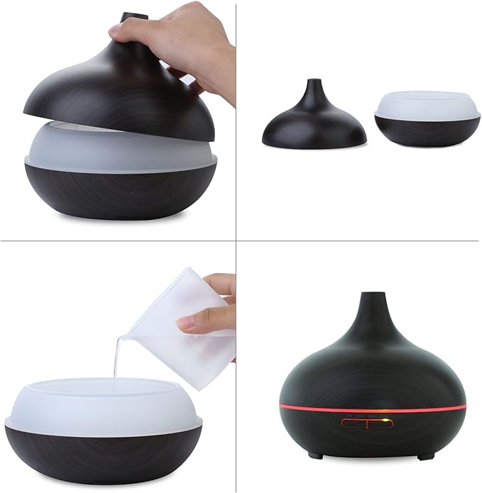 EcoGecko Dark Wood Grain Look Essential Oil Diffuser, Ultrasonic Diffusing Cool Mist Humidifier with Timers for Office Home Bedroom Baby Room Study Yoga Spa, with Timer and 7 Color Night Light