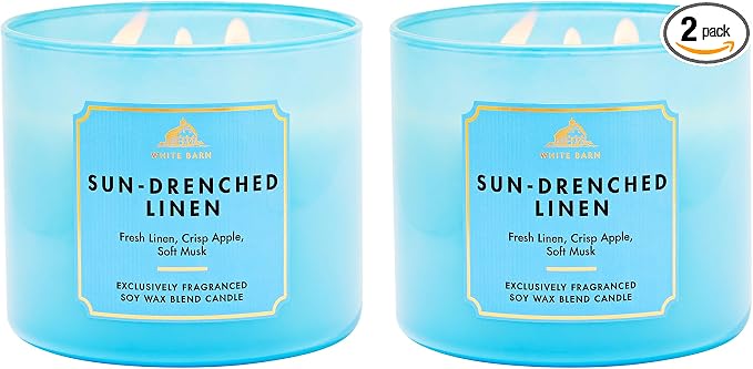 Bath & Body Works Sun-Drenched Linen 3-Wick Candle - Scented Candle for At-Home Use - Long-Lasting, Room-Filling Fragrance - High Fragrance Oil Concentration - Soy Wax Blend - 2-Pack