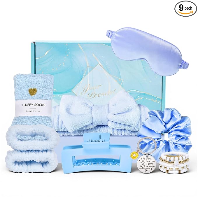 Self Care Gift Set for Women, Blue Cozy Box | Plush satin feel, relaxing rest, easy beauty prep, warm lounging, spa nights, travel, birthdays, for mom, wife, girlfriend