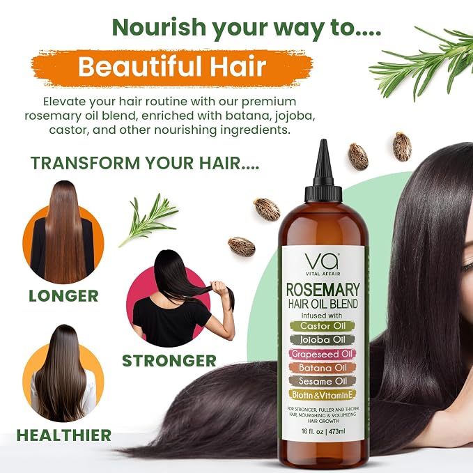 VITAL AFFAIR Blend Of Pure Rosemary Oil For Hair Growth With Castor, Batana, Jojoba Oil-Infused With Biotin & Vitamin E-Blend of Effective Hair Oils for Hair Growth-Strengthening Treatment 16 Fl Oz
