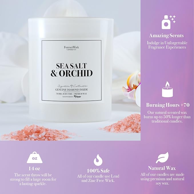 Foreverwick Sea Salt & Orchid Candle | Royal Essence Candle with Diamond Inside | Cleansing Sage Aroma | Strong Scented Candles for Decor | 14 oz & 70 Hours Burning Time