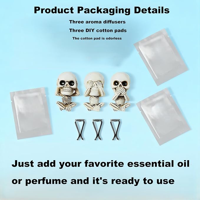 3Pcs Gothic Skull Car Vent Clip Freshener with Felt Scent Pads | Resin skull vent diffuser controls odors, fits car bathroom, Halloween gothic decor gift for teens adults