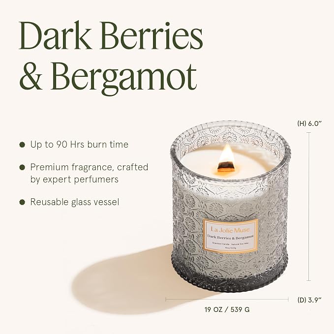 LA JOLIE MUSE Dark Berries Bergamot Scented Candles for Home,19 oz Soy Wax | Large Jar Luxury Candle, Clean Non Toxic, Gifts for Women & Men, Decorative Summer Candles, Wood Wick, Citrus Grape Cherry