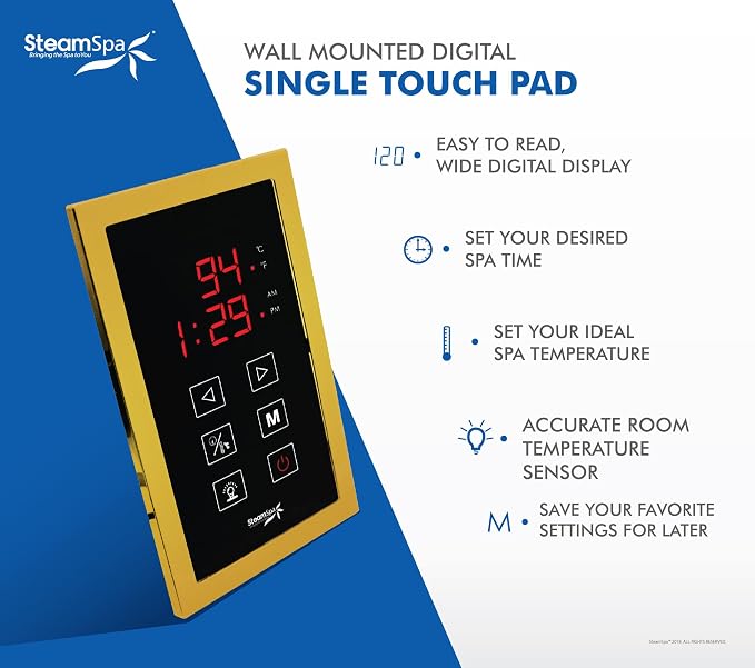 Premium 4.5 KW QuickStart Acu-Steam Bath Generator Package with Built-in Auto Drain in Polished Gold Finish|Touch Panel Control System|PRT450GD-A