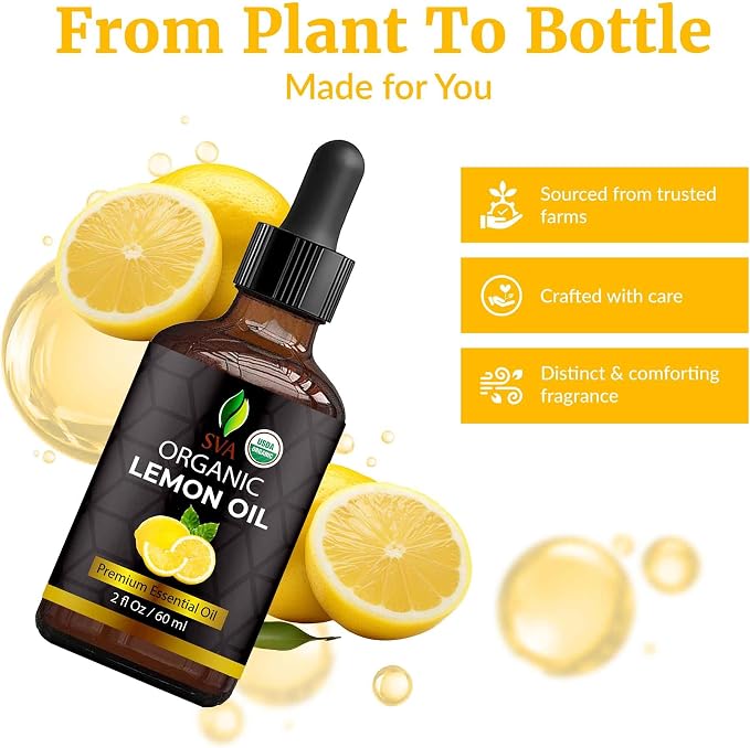 SVA Lemon Essential Oil Organic – 2 Fl Oz – 100% Natural Organic Lemon Oil - for Diffuser, Hair, Face, Skin Care, Aromatherapy, Scalp and Body Massage, Soap and Candle Making - with Dropper