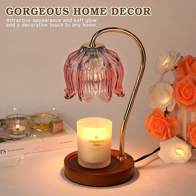Funistree Flower Candle Warmer Lamp with Timer, Dimmable Candle Lamp Warmer, Christmas Birthday Gifts for Women Mom Her, Housewarming Home Decor, Lotus Wax Warmer for Yankee - Blue&Pink 10 Inch