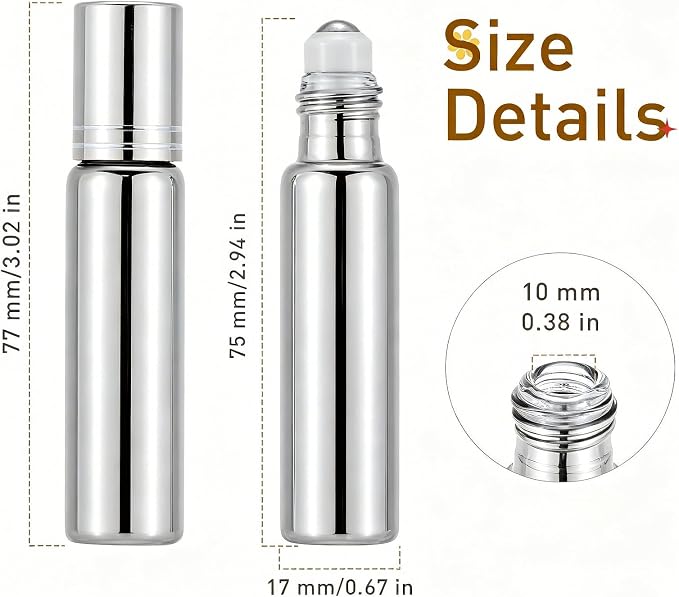 Kesell 0.34oz / 10ml Essential Oil Roller Bottles 6PCS Silver Glass Roll-on Bottle Empty Refillable Perfume Vials Travel Size Perfume Rollerball Applicator Liquid Storage Container with Funnel