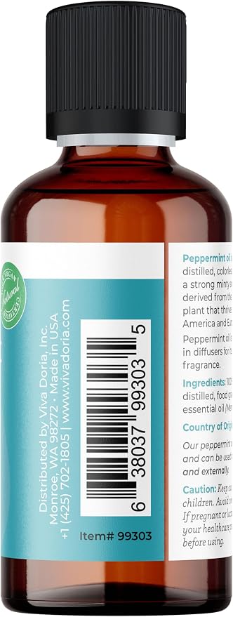 Viva Doria 100% Pure Northwest Peppermint Essential Oil, Undiluted, Food Grade, Steam Distilled, Made in USA, 30 mL (1 Fluid Ounce)