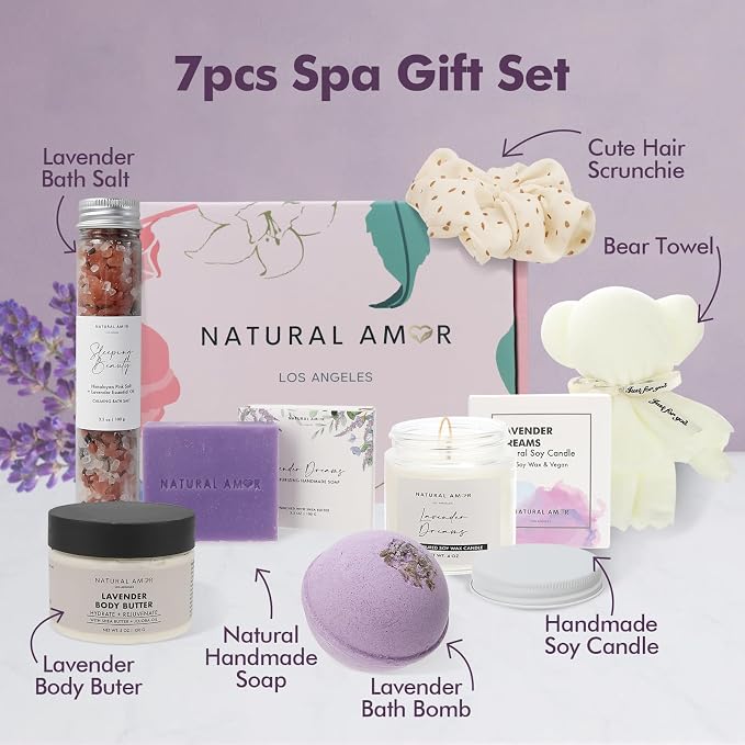 Natural Amor Lavender Spa Gifts for Women,7pcs Self Care Box Including Handmade Soap Bar, Candle, Bath Butter
