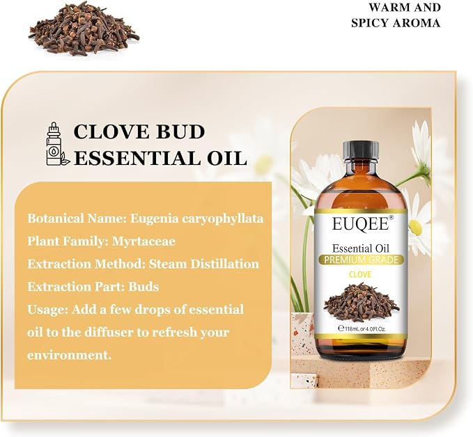 EUQEE Clove Essential Oil Large Capacity (4 oz/118 ml) Premium Clove Bud Oil - with Glass Dropper, Great for Diffusers, DIY Candle e & Soap Making