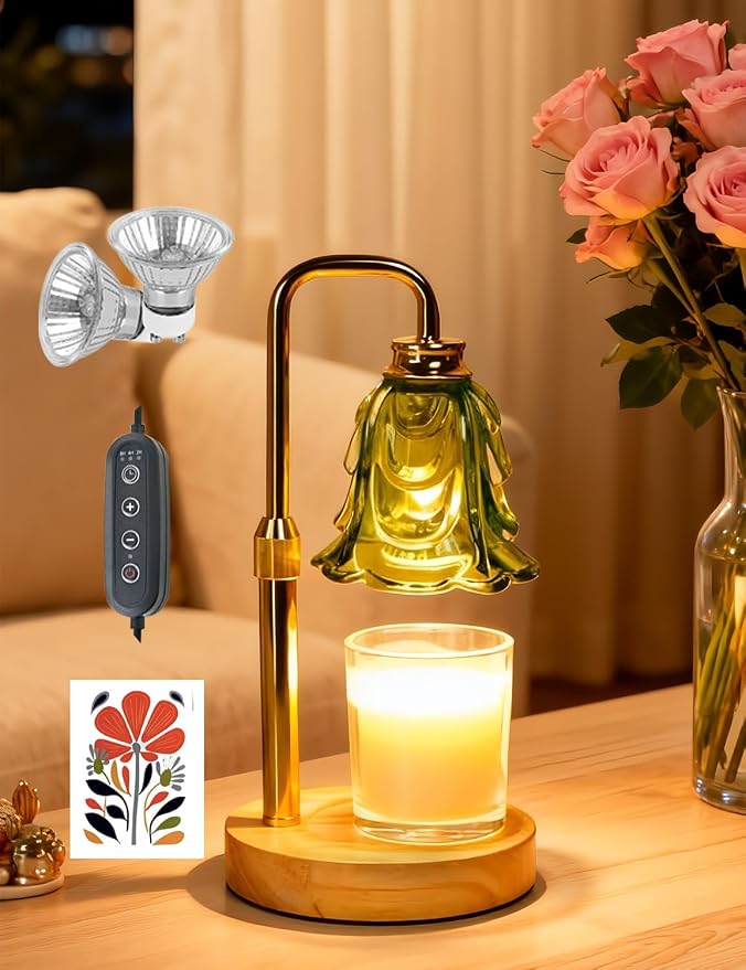 Candle Warmer Lamp, Flower Glass Candle Lamp with Timer, Birthday Gifts for Mom Women, Dimmable Height Adjustable Home Gifts, Home Decor for Home Bedroom Office Fragrance (Green Flower)