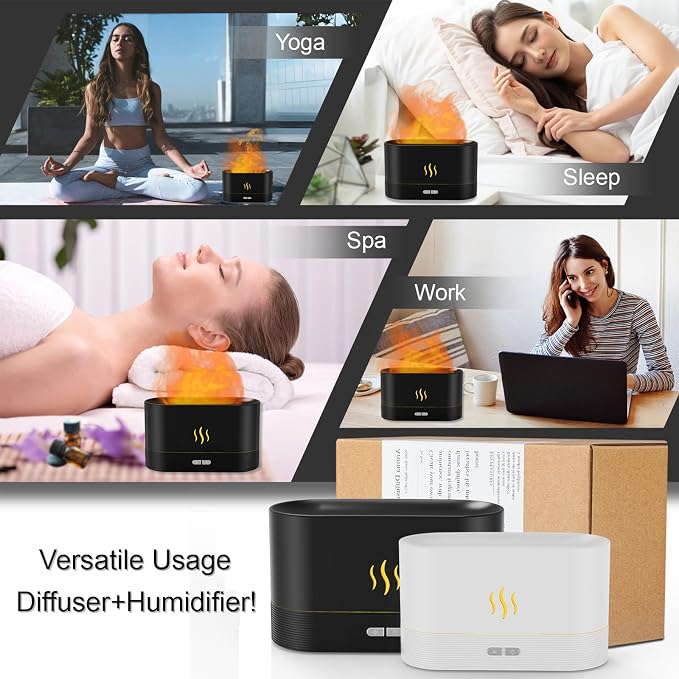 PIZAY Essential Oil Diffuser, Flame Air Humidifier with Fire Led Light - 2 Rightness, 180mL Capacity (8 Hours), Auto-Off Protection Air Diffuser for Home Bedroom Office Gifts(Black)