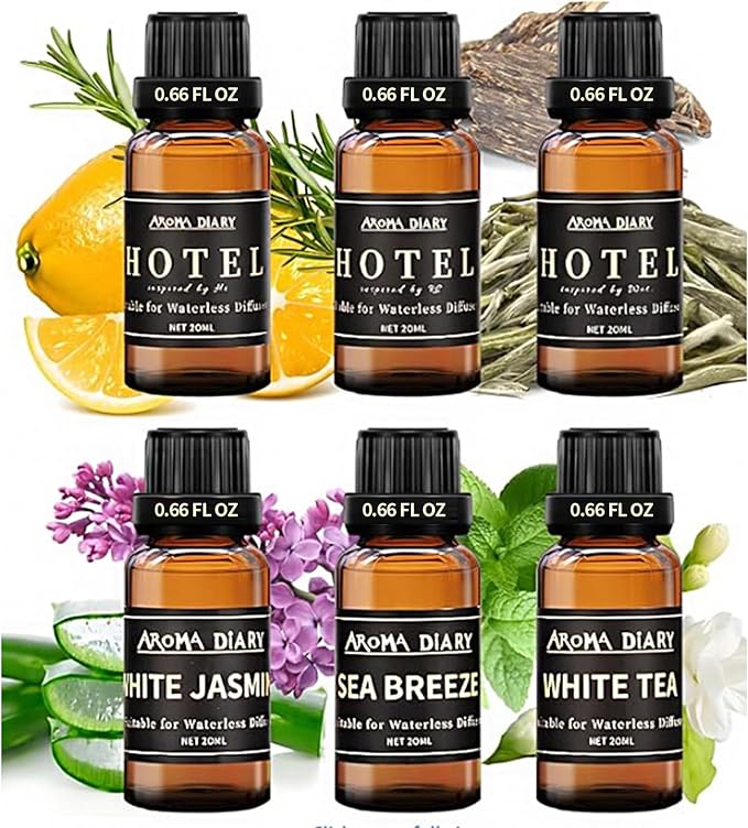 Essential Oil Set for Diffuser, 6x0.66fl oz Fragrance Oil Refill | Waterless Diffuser, Candle Making, Home Car Office Hotel, White Tea White Jasmine Sea Breeze, Aromatherapy Gift