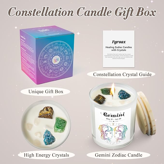 Gemini Gifts for Women, Zodiac Gemini Candle with Healing Crystals, Astrology Birthday Gifts for Women, Mom, Sister, Friends, Meditation, Yoga, Relaxation (7oz)