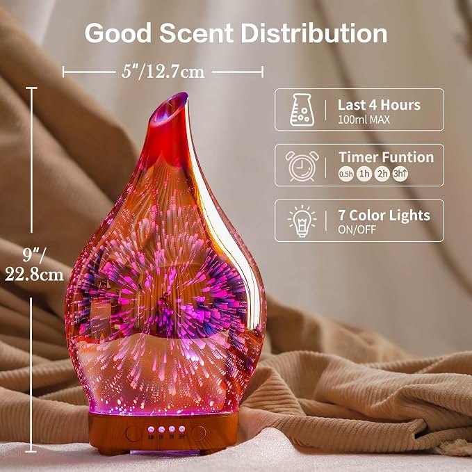 Porseme 150ml Essential Oil Diffuser Hand-Blown Glass Aroma Diffusor, Aromatherapy Unltrasonic Cool Mist deffuser, 7 Color Changing, Waterless Shut-Off, Timer Function for Home Office(Rose Gold)