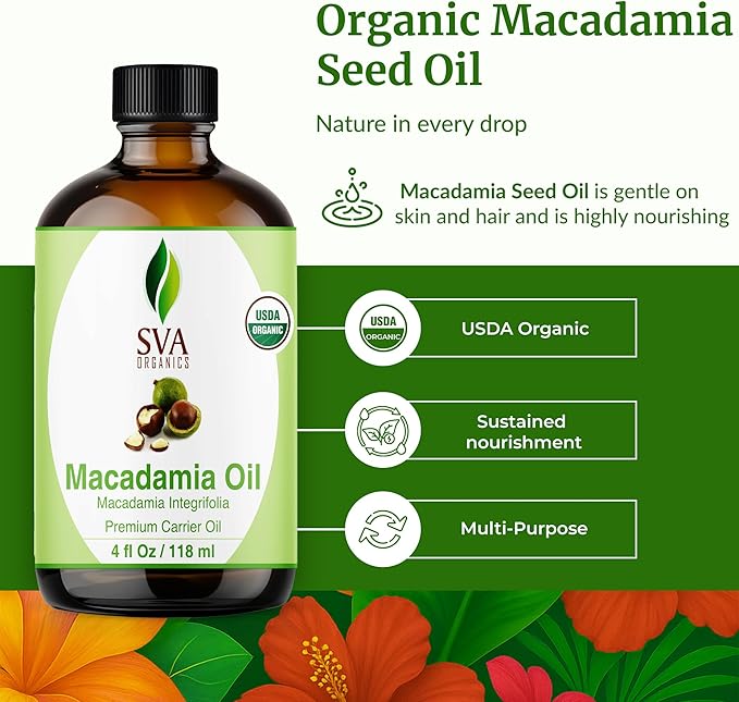 SVA Macadamia Seed Oil Organic - 4 Fl Oz – 100% Natural Cold Pressed Organic Macadamia Oil - for Face, Skin Care, Hair Care, Scalp Massage & Body Massage – Carrier Oil with Dropper