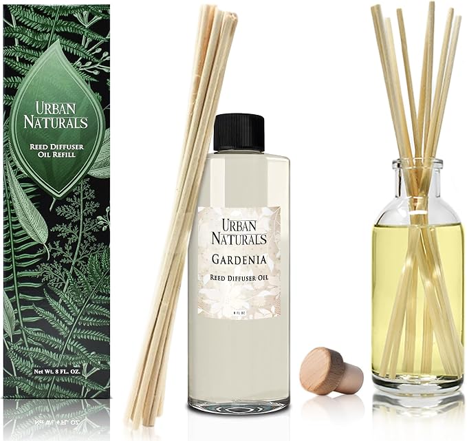 Urban Naturals Reed Diffuser Oil Refill Gardenia with Jasmine, Ylang Ylang, Tuberose, Amber 8 oz + Free Reed Sticks, Made in the USA