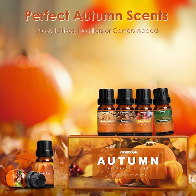 ARVIDSSON Autumn Fragrance Oil Set, Fall Essential Oils for Diffuser, Candle Making - Pumpkin Spice, Cinnamon, Spiced Cider, Snickerdoodle, Autumn Wreath, Pine, Cozy Scented Oils