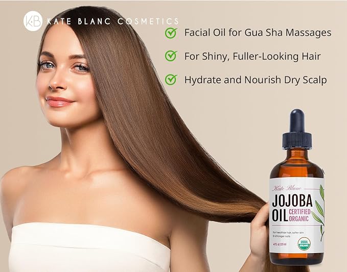 Kate Blanc Cosmetics Organic Jojoba Oil for Hair, Skin, Face, Nails (4oz) - USDA Certified, 100% Pure Cold Pressed Unrefined - Moisturizing Carrier Oil for Gua Sha, Dermaplaning, Body - Glass Bottle