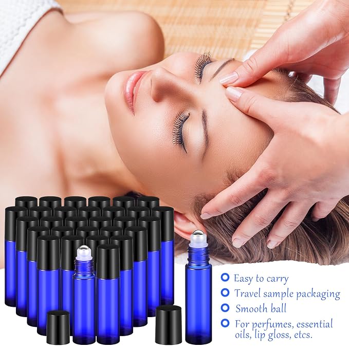 Domensi 30 Pcs Essential Oil Bottles, 10 ml Glass Bottle with Stainless Steel Roller Ball and Cap for Travel, Perfume, Lip Balm, 2 Funnels, 0.5 ml Dropper(Cobalt Blue)