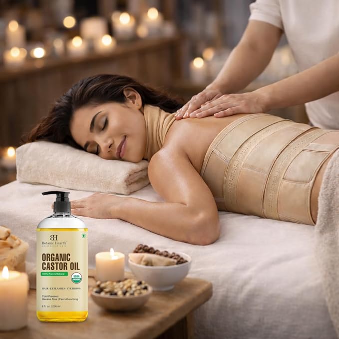 Botanic Hearth 100% Pure Castor Oil with Wrap Kit | Cold Pressed Oil for Hair & Body | Reusable Cotton Belly, Stomach & Neck Wrap | Hydrating Care for Dry Hair & Skin | 8 fl oz