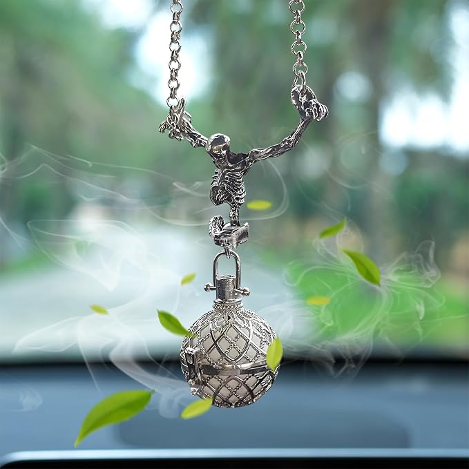 Skeleton Car Rear View Mirror Hanging Charm - Aromatherapy Pendant Car Accessories,Skull Ornament Essential Oil Diffuser, for Halloween&Daily Use