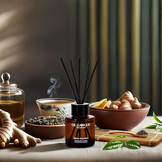 Spice Odyssey Scent Luxury Reed Diffuser – Green Tea, Ginger, Moss & Bergamot Scent – Long Lasting Diffusers for Home, Crafted by Expert Perfumers – 50ml