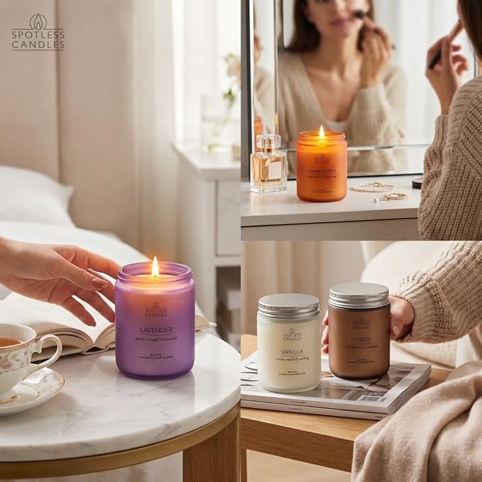 Classic Candle Gift Set; 4 x 8oz Scented Candles in Frosted Glass Jars; Coffee, Vanilla, Lavender, Pumpkin Spice; 200 Hours Burn Time; Gifts Set for Women; Premium Gift Box by Spotless Candles