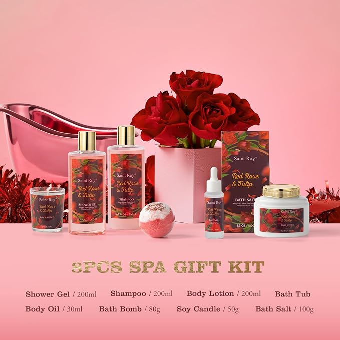 Spa Gift Basket Gifts for Women, spa kit Gifts for Her Mother's Day Bath Spa Gift Set Red Rose & Tulip Spa Basket Kits for Women, Bath & Body Set, Self Care Pamper Kit, Self-care baskets Mother Gift