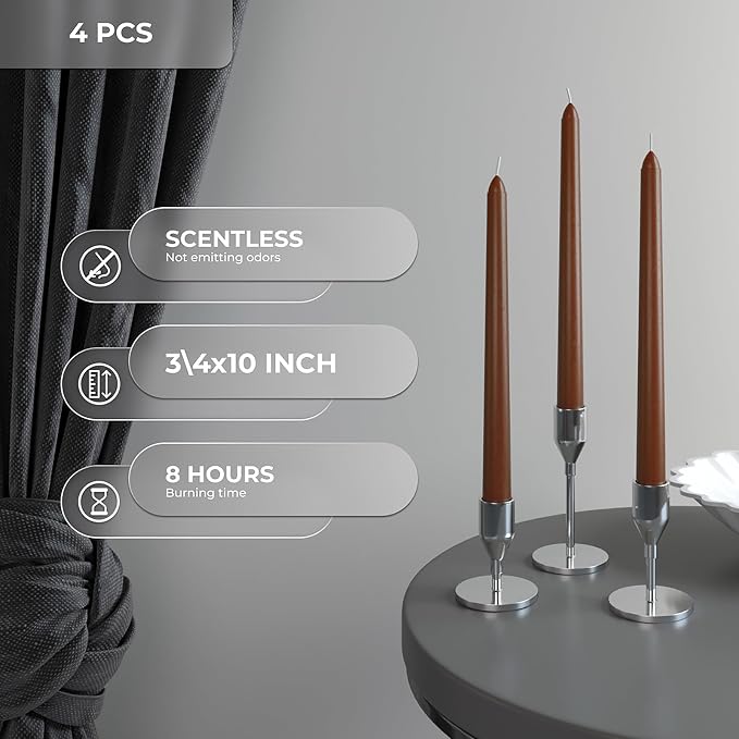 CANDWAX 10 inch Taper Candles - Set of 4 Dripless Tapered Candlesticks - Unscented, Perfect for Dinner and Household Use - Brown Candles for Home Decor