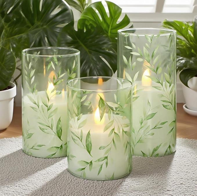 Green Flameless Candles with Remote Control - Willow Leaf Design Battery Operated Candles - Elegant Home Christmas Spring Summer Decor Set of 3