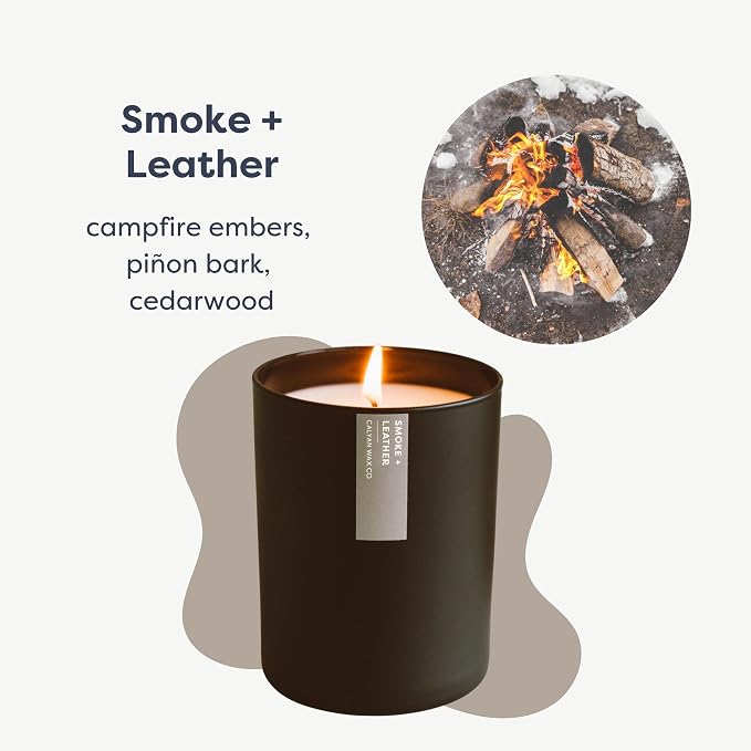 Calyan Wax Co. Smoke & Leather Scented Candle - 75 Hour Burn - Luxury Clean Soy Wax Candles - Long Lasting Black Tumbler Jar Candle for Home - 10.2oz