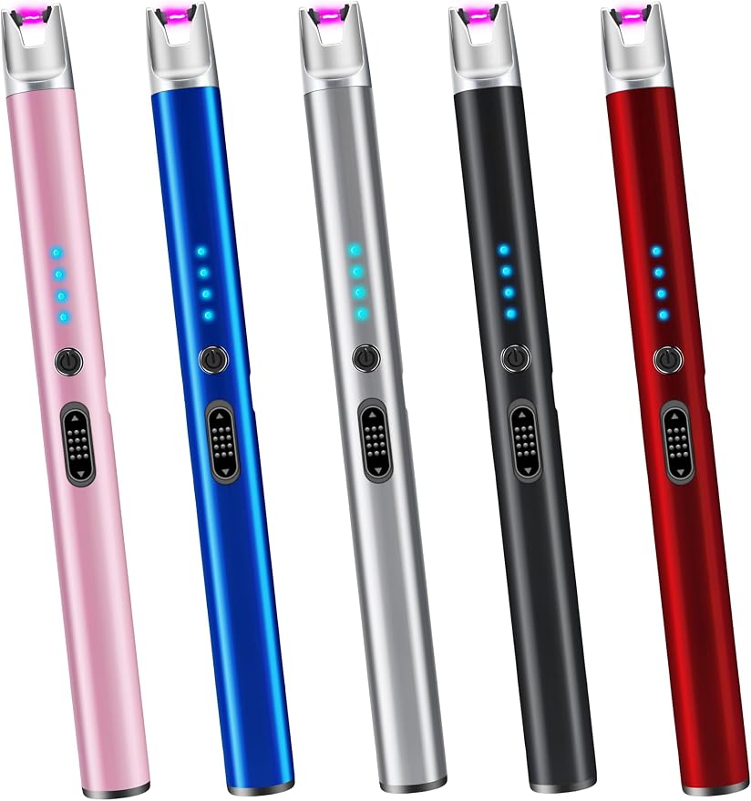 Luxgaze 5 Pack Electric Candle Lighter Rechargeable USB Lighters Flameless Windproof Plasma Arc Lighters with Safety Lock Long Lighter for Candle BBQ Camping Birthday Party