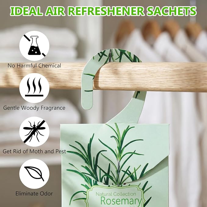 24 Pack Rosemary Sachets for Drawers and Closets, Natural Drawer Scented Sachets Deodorizers Closet Fresheners for Clothes with 10 Hanging Bags