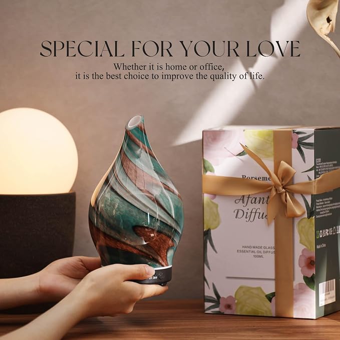 Porseme 150ml Essential Oil Diffuser Glass Color Changing Aroma Air Diffusers Aromatherapy Ultrasonic Cool Mist Humidifier 6 Running Hours Waterless Auto-Off for Sleeping Yoga Office Spa (Teal Green)
