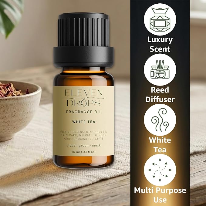 White Tea Fragrance Oil | Clove, Green & Musk Notes | Long Lasting Scent Reed Diffuser Oil for Home, Office, Hotel, Spa, Car & Linen Spray | Pet Friendly IFRA Compliant, 10 ml