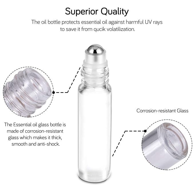 PrettyCare Essential Oil Roller Bottles 10ml (24 Pack Clear Glass Bottle with Bamboo Lid, 4 Extra Roller Balls，48 Labels, 2 Openers, 2 Funnels, 4 Droppers, Roller Balls For Essential Oils