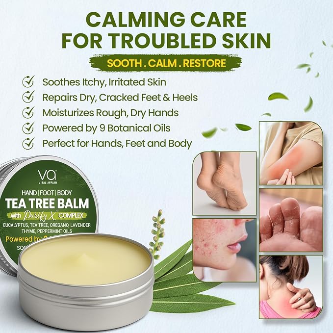 VITAL AFFAIR Tea Tree Oil Balm – Soothing Care for Rashes, Athlete’s Foot, Jock Itch, Bug Bites, Folliculitis, Cracked Feet, Dry, Flaky, Irritated Skin – For All Ages & Sensitive Skin - 4 oz