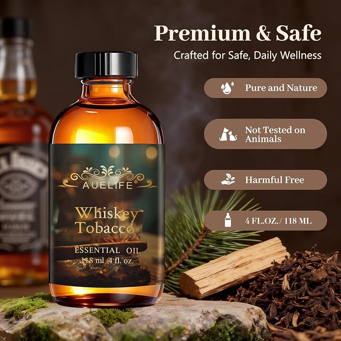 Auelife 4oz Whiskey Tobacco Men Essential Oils for Diffusers for Home - Long Lasting Fragrance Oil for Candle & Soap Making, Father's Day & Birthday Gifts for Him, Masculine Scent for Men Gift