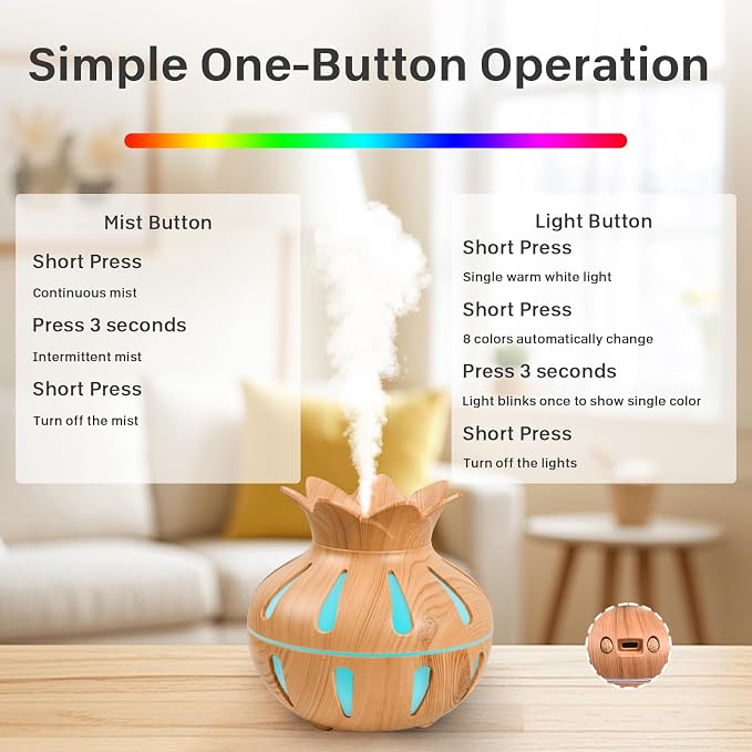 330ml Essential Oil Diffuser, Small Humidifier for Bedroom with USB Charging, LED Lights, 2 Filter Sticks, Portable Wood Grain Quiet Aromatherapy Mist Diffusers, Home Decor, Gifts