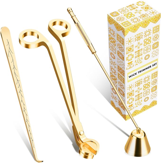calary Candle Wick Trimmer, Candle Snuffer and Wick Dipper & Candle Accessory Set, 3 in 1 Candle Care Kit for Candle Lover (Gold)