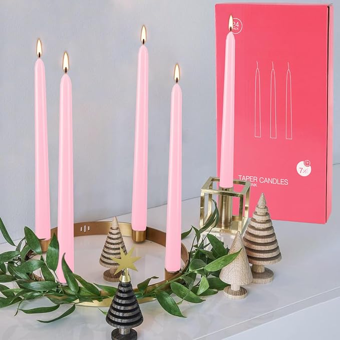 Valentine's Decorations 10 Inch Pink Taper Candles Set of 24, Dripless and Unscented Candle Sticks for Dinner, Shabbat, Halloween, Christmas, Wedding, 8 Hours