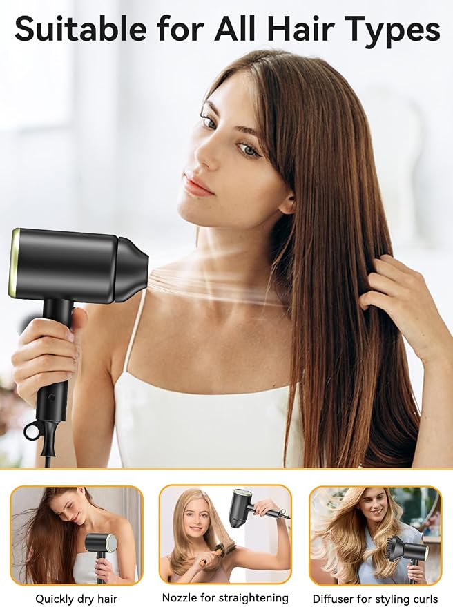 Hair Dryer with Diffuser, 150000 RPM Ionic Blow Dryer, Foldable Travel Hair Dryer with Nozzle, Lightweight Low Noise Fast Drying Hairdryer for Women Men, Portable Mini Hair Dryer, Black